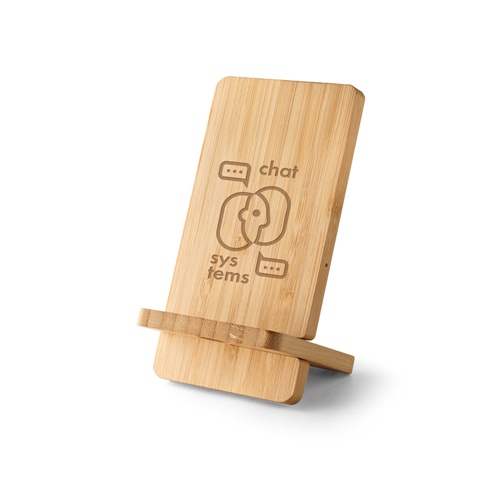 LANGE. Suporte para smartphone com carregador rápido wireless 15W em bambu