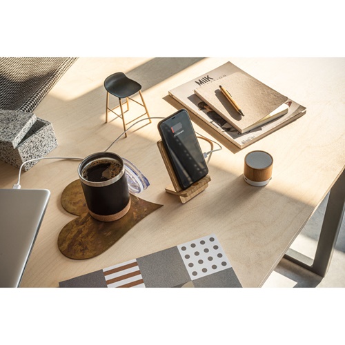 LANGE. Suporte para smartphone com carregador rápido wireless 15W em bambu