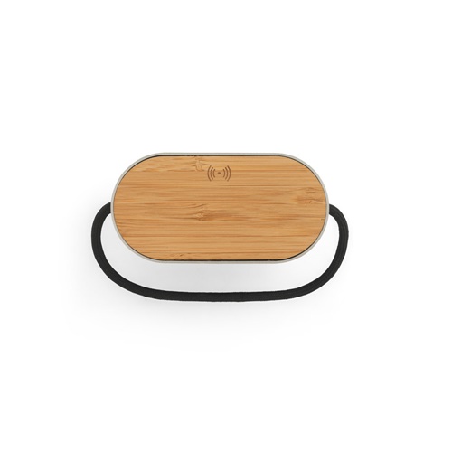 GUETTA. Coluna de som portátil de 5W com carregador wireless super rápido 15W e 2h de autonomia em bambu e PET reciclado (100% rPET)