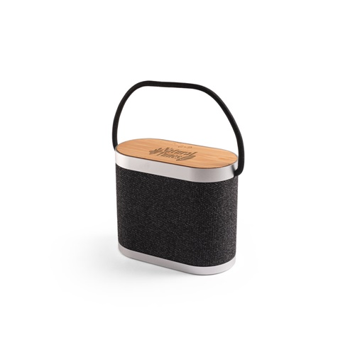 GUETTA. Coluna de som portátil de 5W com carregador wireless super rápido 15W e 2h de autonomia em bambu e PET reciclado (100% rPET)