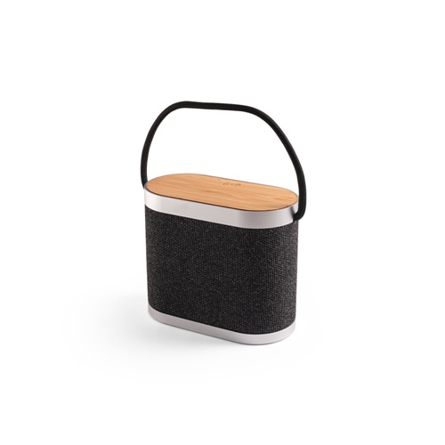GUETTA. Coluna de som portátil de 5W com carregador wireless super rápido 15W e 2h de autonomia em bambu e PET reciclado (100% rPET)