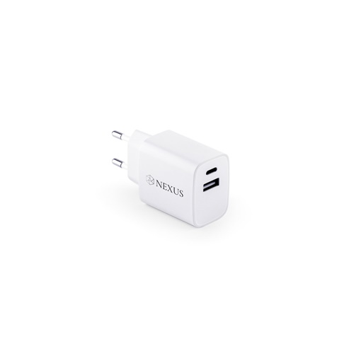 WEGENER. Adaptador de corrente com porta USB-A 18W e USB-C 20W em ABS reciclado (100% rABS)