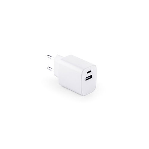 WEGENER. Adaptador de corrente com porta USB-A 18W e USB-C 20W em ABS reciclado (100% rABS)