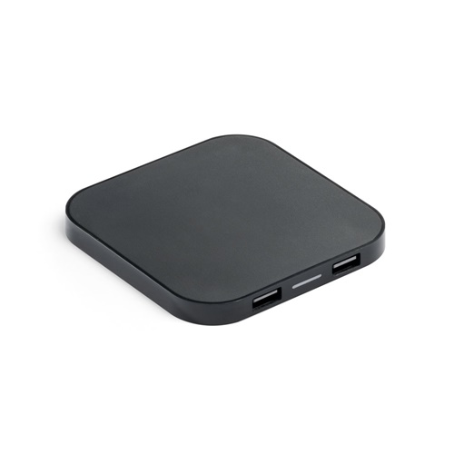 CAROLINE. Carregador wireless super rápido 15W com HUB 2 portas USB-A em ABS reciclado (60% rABS)
