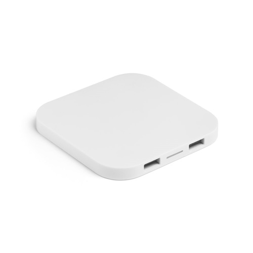 CAROLINE. Carregador wireless super rápido 15W com HUB 2 portas USB-A em ABS reciclado (60% rABS)