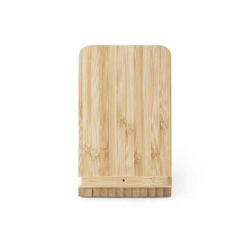 LEAVITT. Suporte para smartphone e porta esferográficas com carregador wireless rápido 10W em bambu