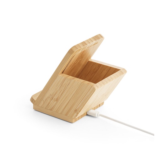 LEAVITT. Suporte para smartphone e porta esferográficas com carregador wireless rápido 10W em bambu