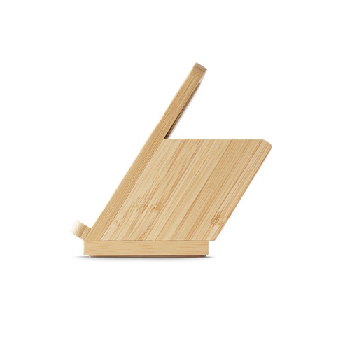LEAVITT. Suporte para smartphone e porta esferográficas com carregador wireless rápido 10W em bambu