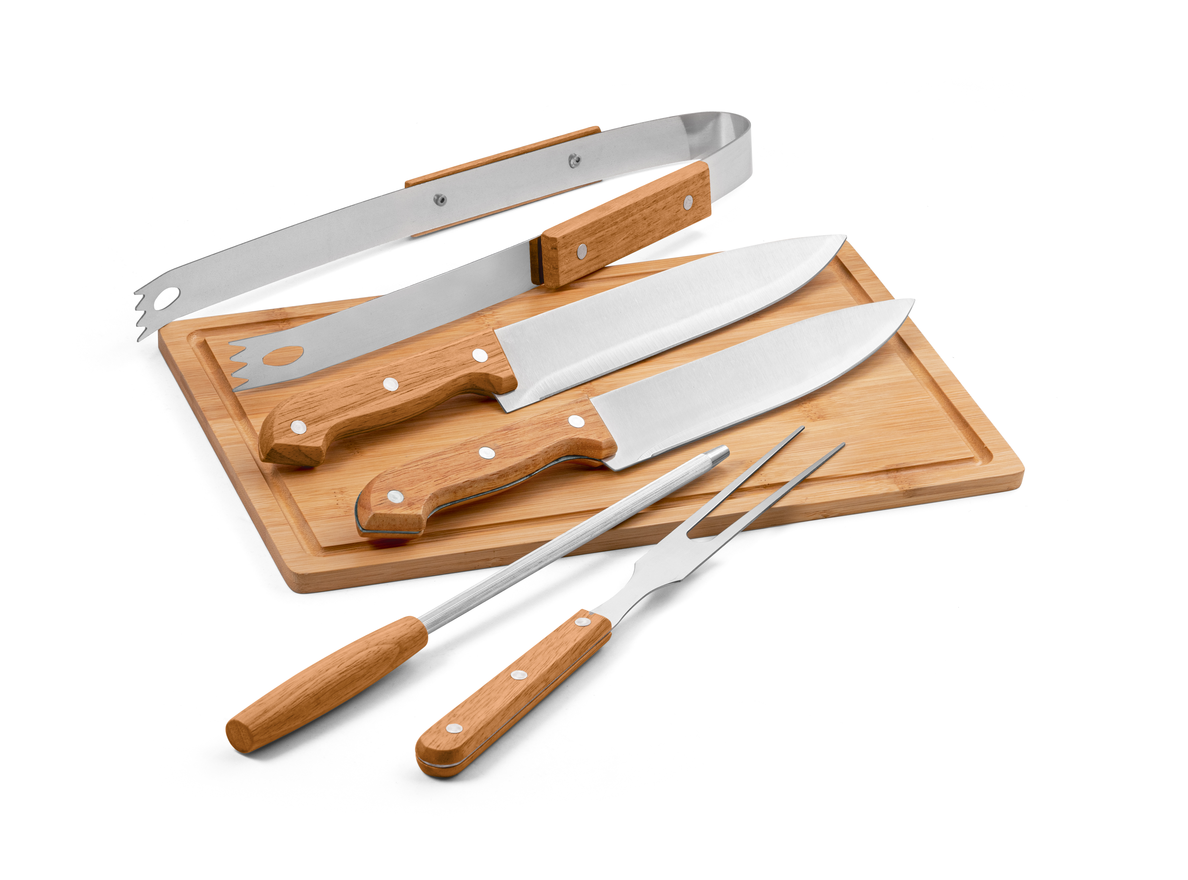 FLARE. Conjunto de 5 peças para barbecue em madeira e aço inoxidável e uma tábua em bambu