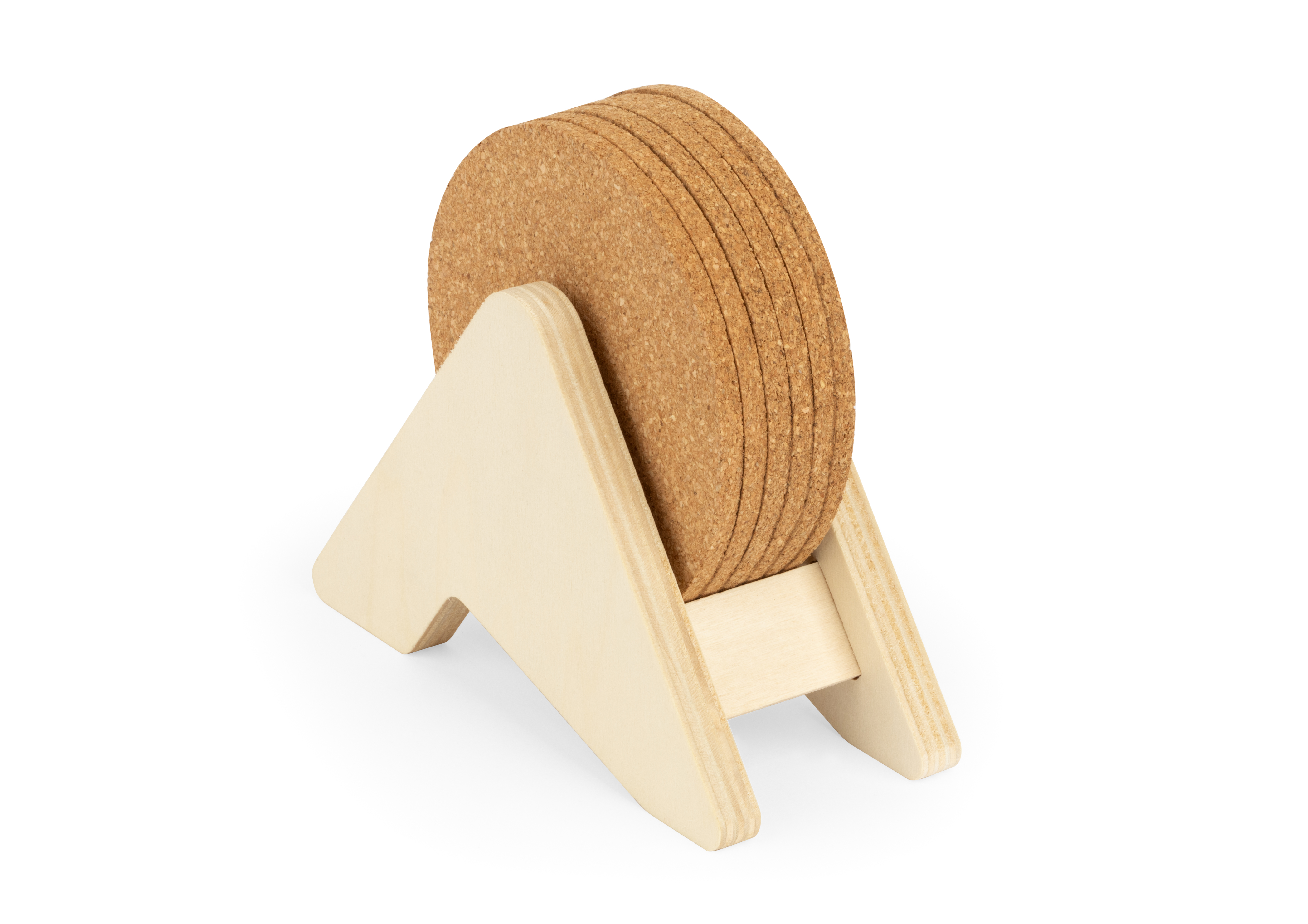 PLYCORK. Suporte em contraplacado com 6 bases para copos em cortiça