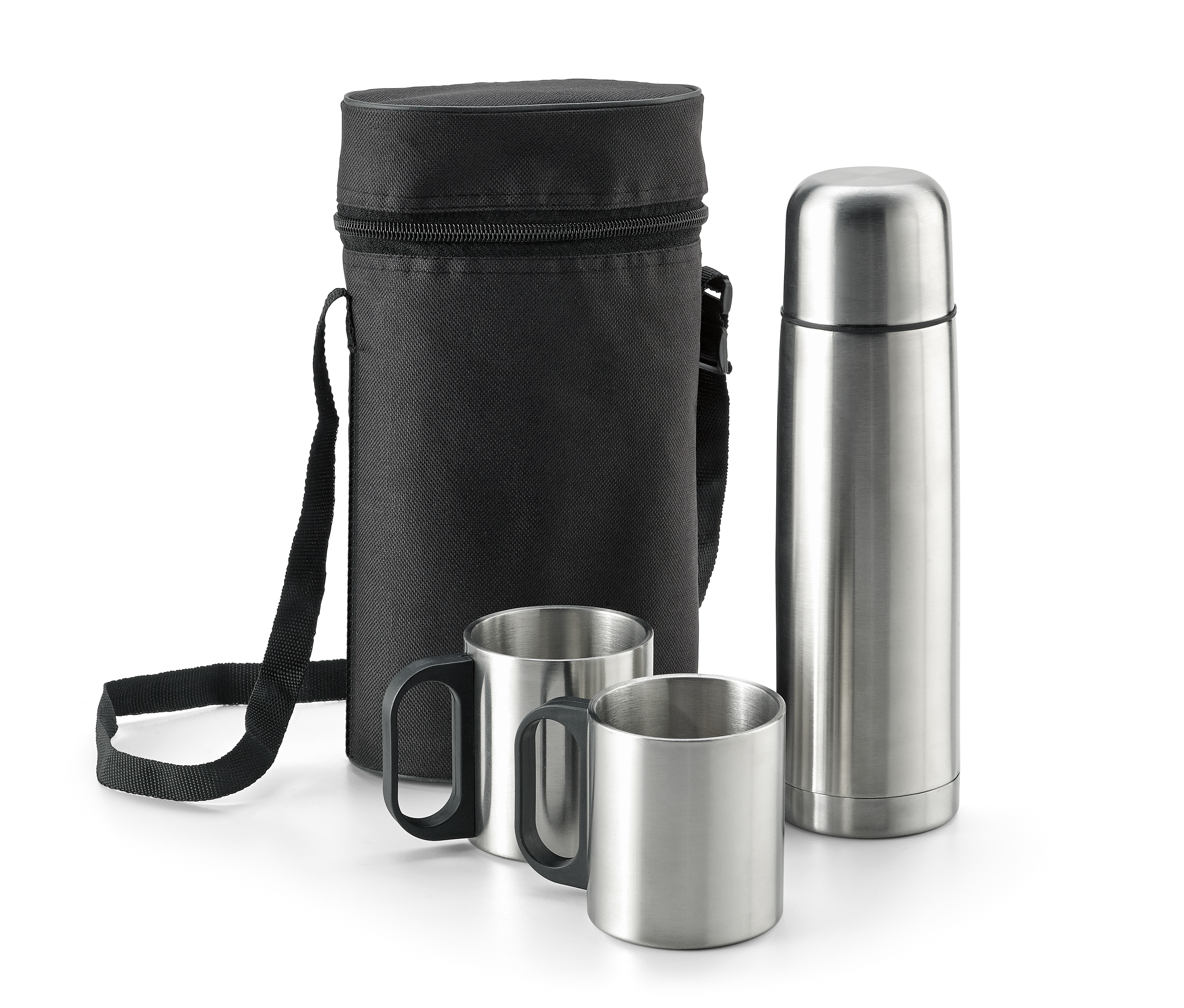 DURANT. Conjunto garrafa térmica e canecas em aço inoxidável