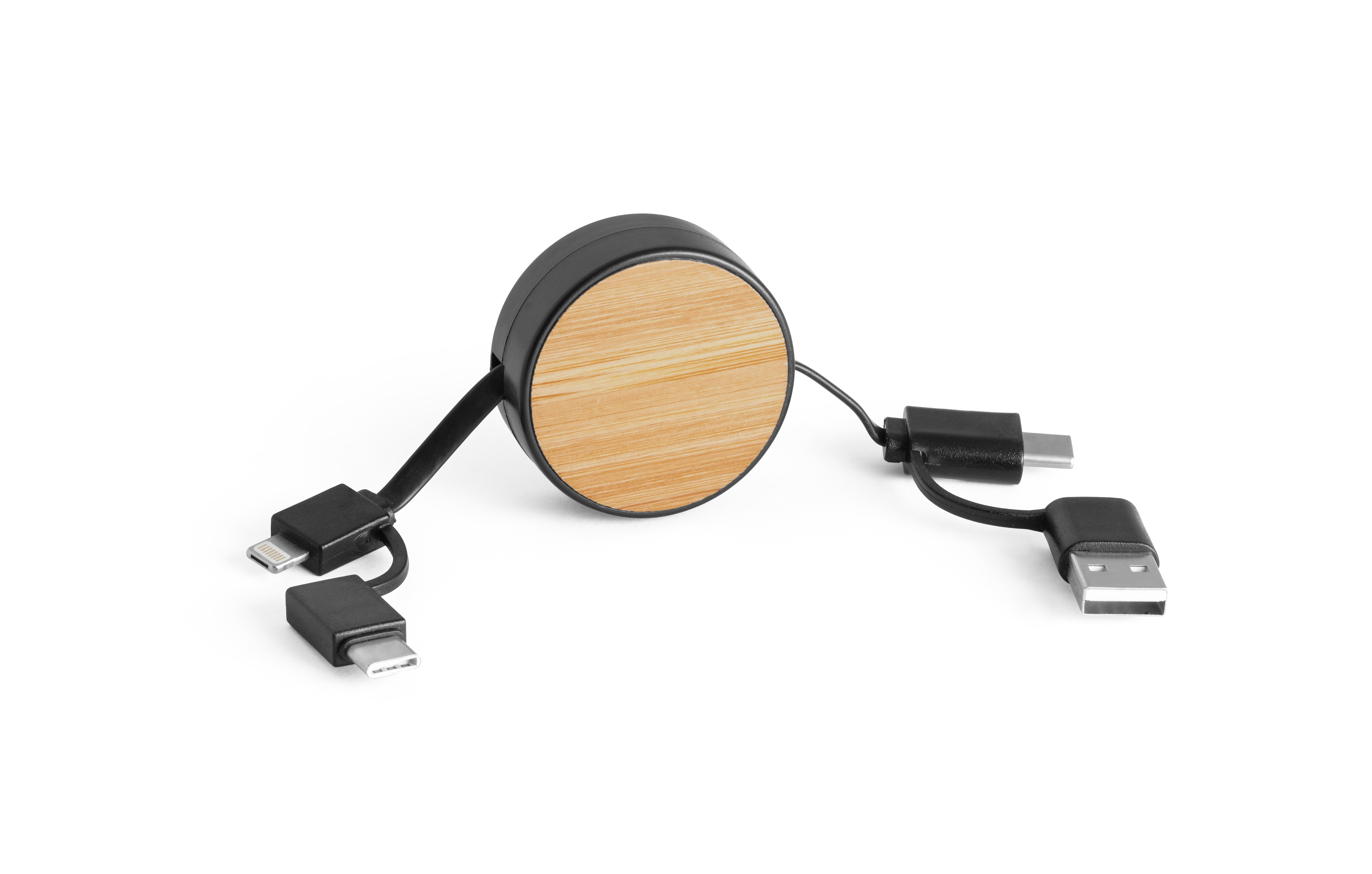 RUBINS. Cabo USB retrátil 6 em 1 em ABS reciclado (100% rABS) e bambu